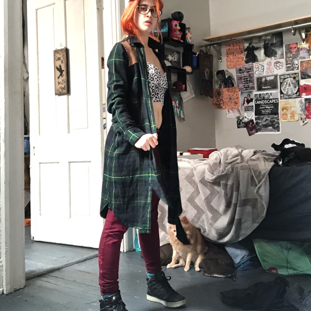 Green plaid flannel Grunge button shirt dress